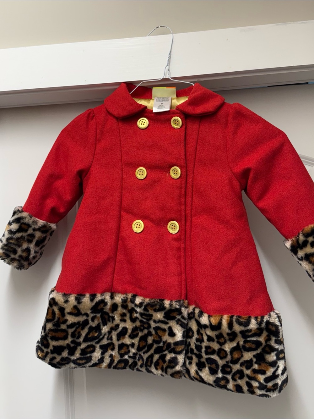 Penelope Mack Red Pea Coat with Leopard Faux-Fur Trim